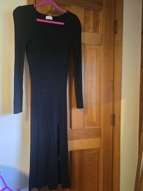 Pink Lily Black Long Sleeve Ribbed Maxi Dress with Front Slit